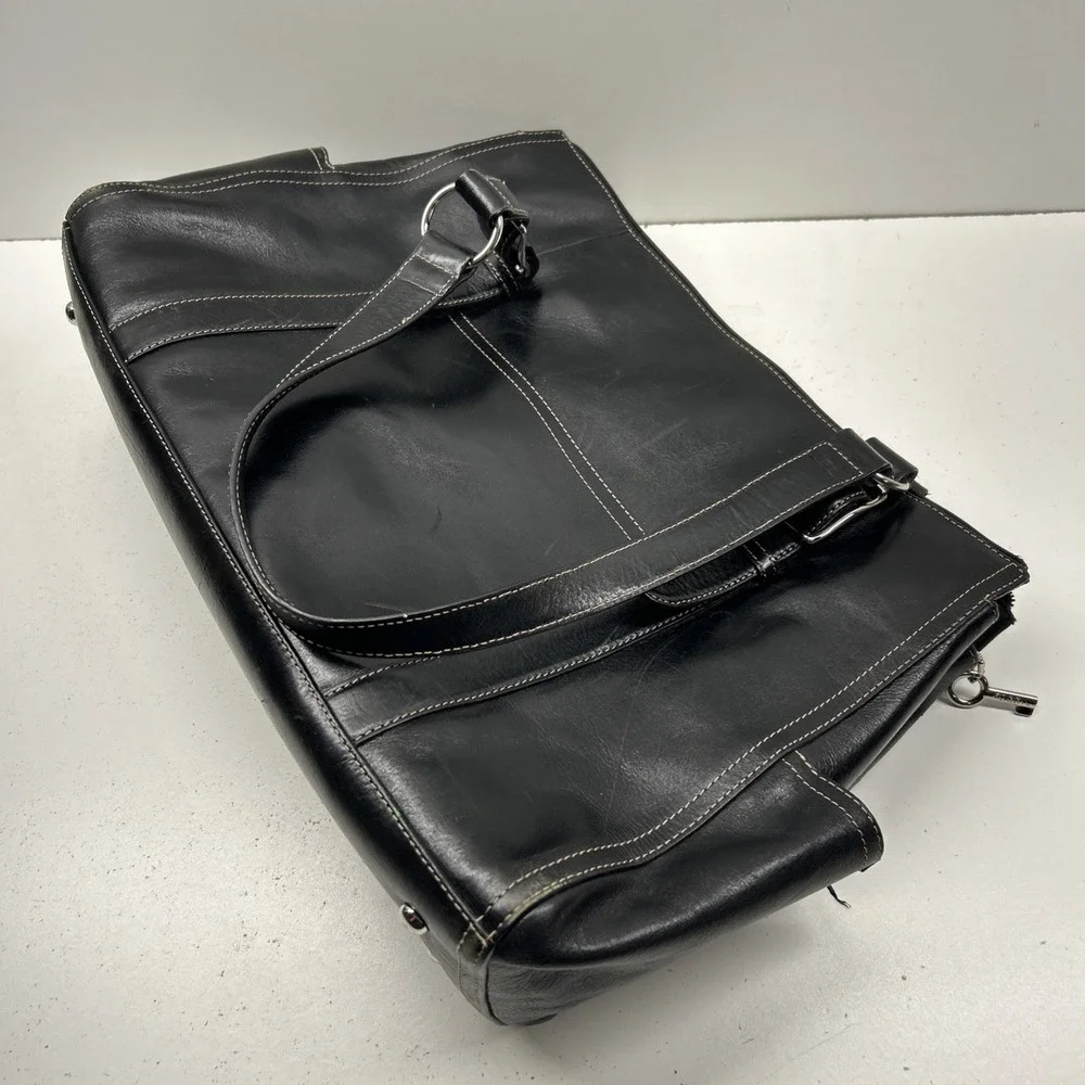 Fossil 1954 Vintage Black Leather Tote Shoulder Bag Purse Satchel Key Charm